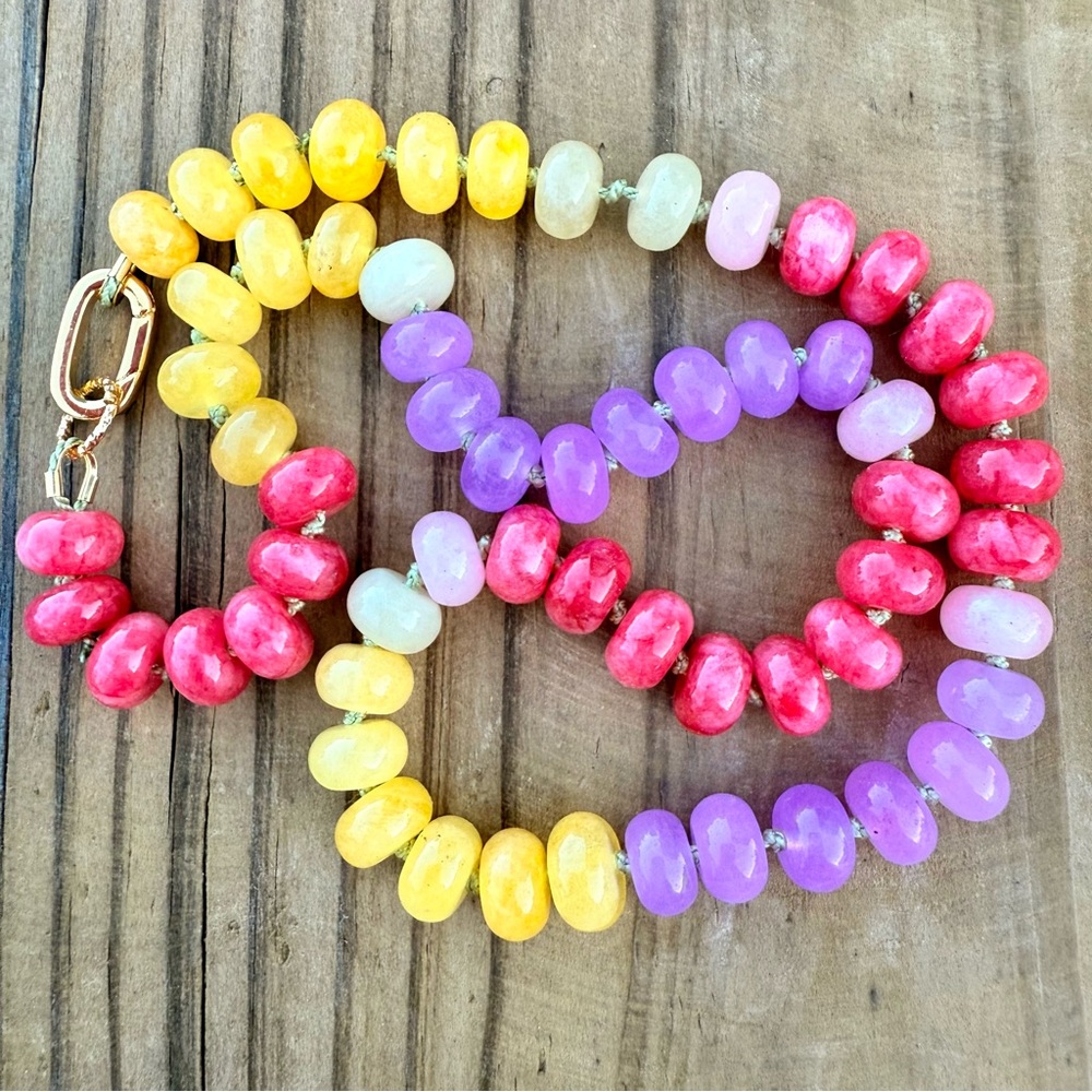 Candy Gemstone Choker Chalcedony, Jade, Moonstone, Hand Knotted, 14k Gold-Filled